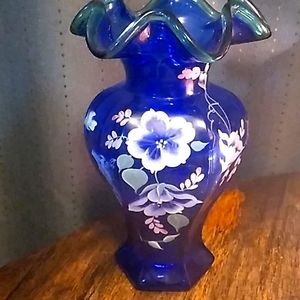 75th Anniversary hand painted/signed Cobalt Blue Fenton Vase
